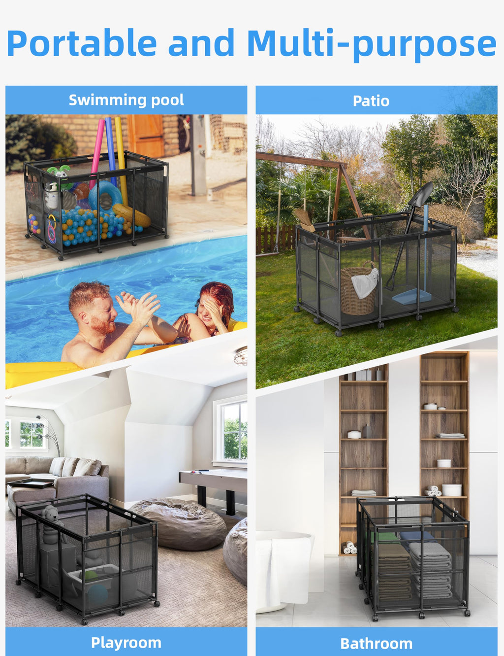 POOLHOUR Pool Float Storage – Outdoor Pool Toy Storage Organizer for Pool Noodles, Toys, Floats, Balls,Equipment, Mesh Rolling Storage Organizer Bin, Black