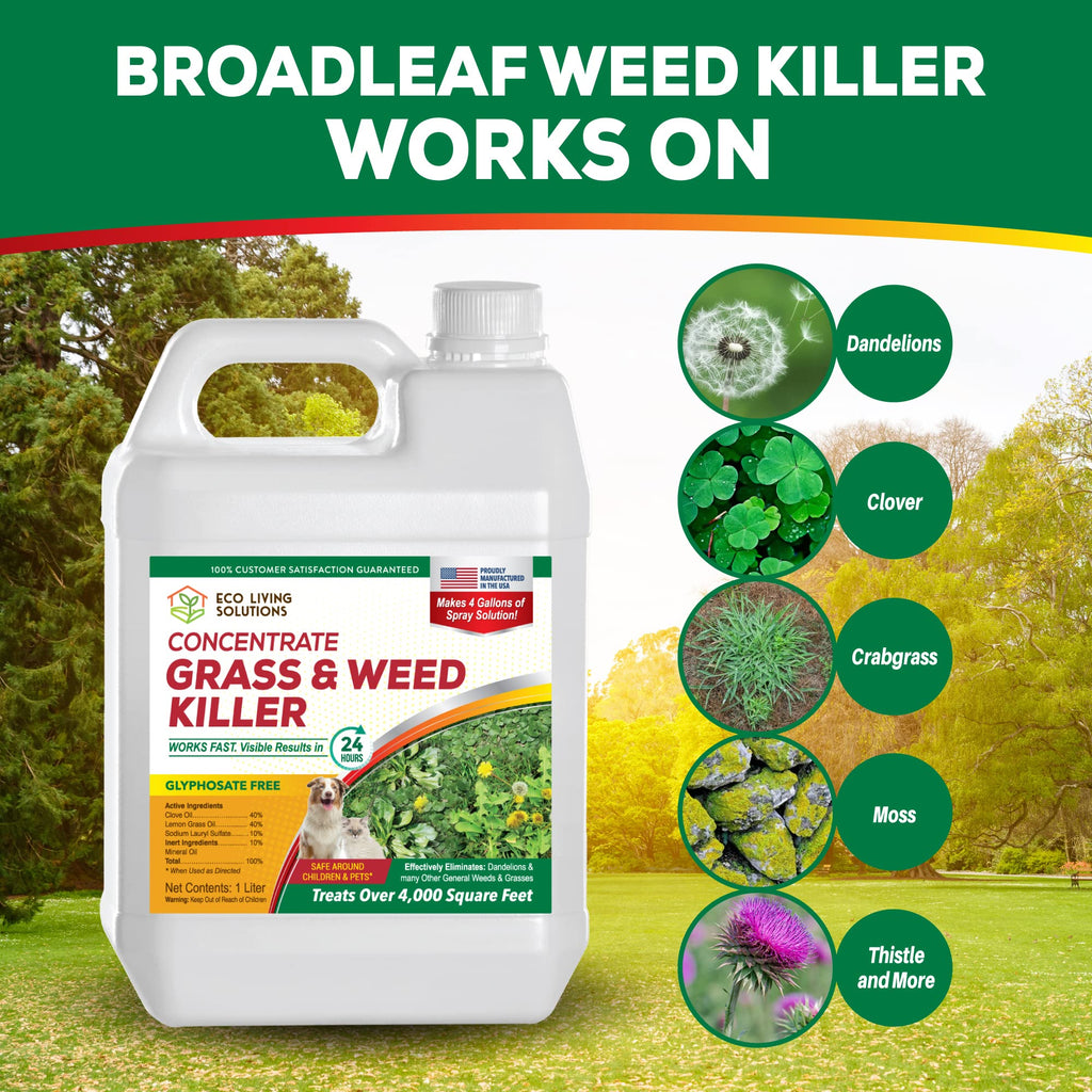 Eco Living Solutions Weed Killer Concentrate - Pet Safe, Organic Spray for Grass, Moss, Crabgrass & Dandelion | Glyphosate Free Herbicide (32 oz)