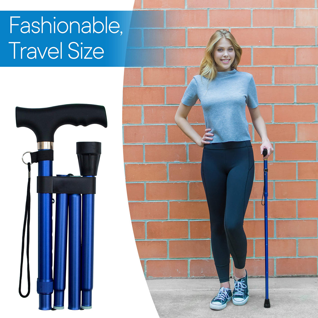 RMS Folding Cane - Foldable, Adjustable, Lightweight Aluminum Offset Walking Cane - Collapsible Walking Stick with Ergonomic Derby Handle - Ideal Daily Living Aid for Limited Mobility (Blue)