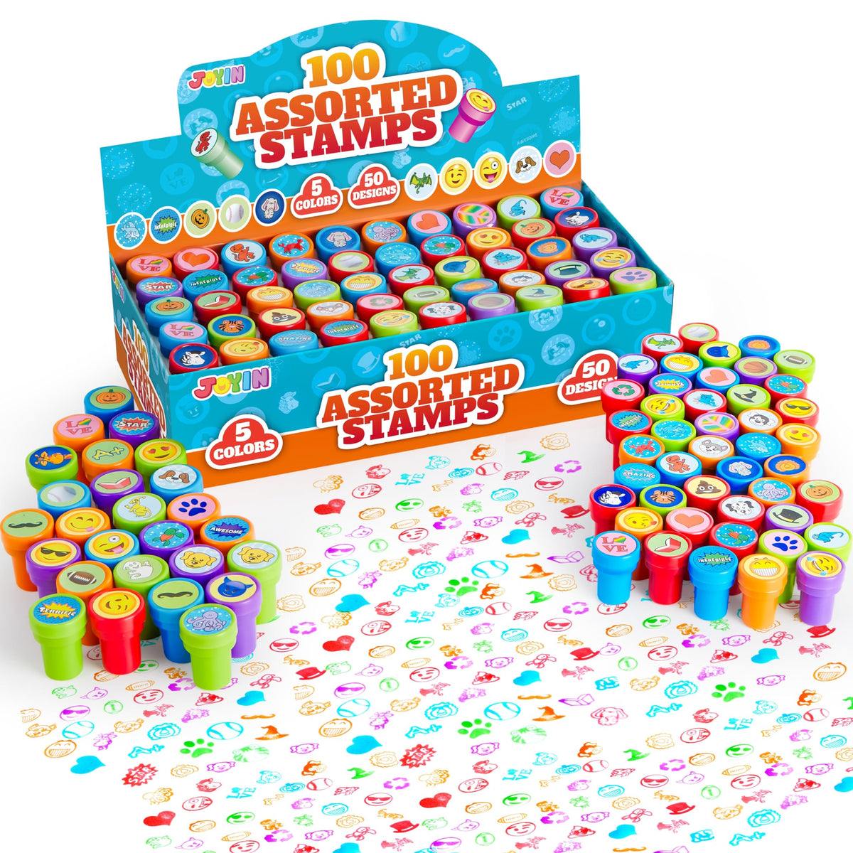 JOYIN 100PCS Assorted Stamps for Kids Self-Ink for Party Favor, Teacher Stamps, Kids Treasure Box, Prize for Classroom, Birthday School Stuffers (50 Designs, Dinosaur, Halloween Stampers)