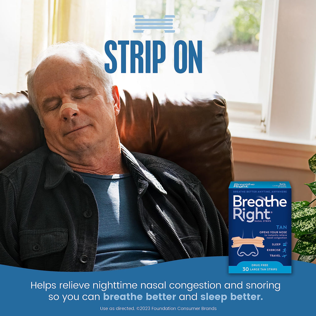 Breathe Right Nasal Strips, Extra Strength Tan Nose Strips, Drug-Free Nasal Congestion Relief for Better Breathing, Help Relieve Snoring, Caused by Colds & Allergies, Deviated Septum, 30ct
