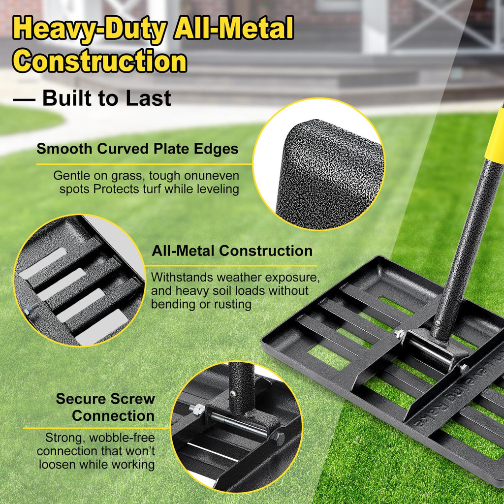 Lawn Leveling Rake: Anti Flipping 17" x 10" Stainless Steel Lawn Ground Leveler for Soil, Heavy Duty Grass Top Soil Dressing Leveling Rake, Home Lawn,Golf Field,Yard Landscaping Tool, 60” Long Handle