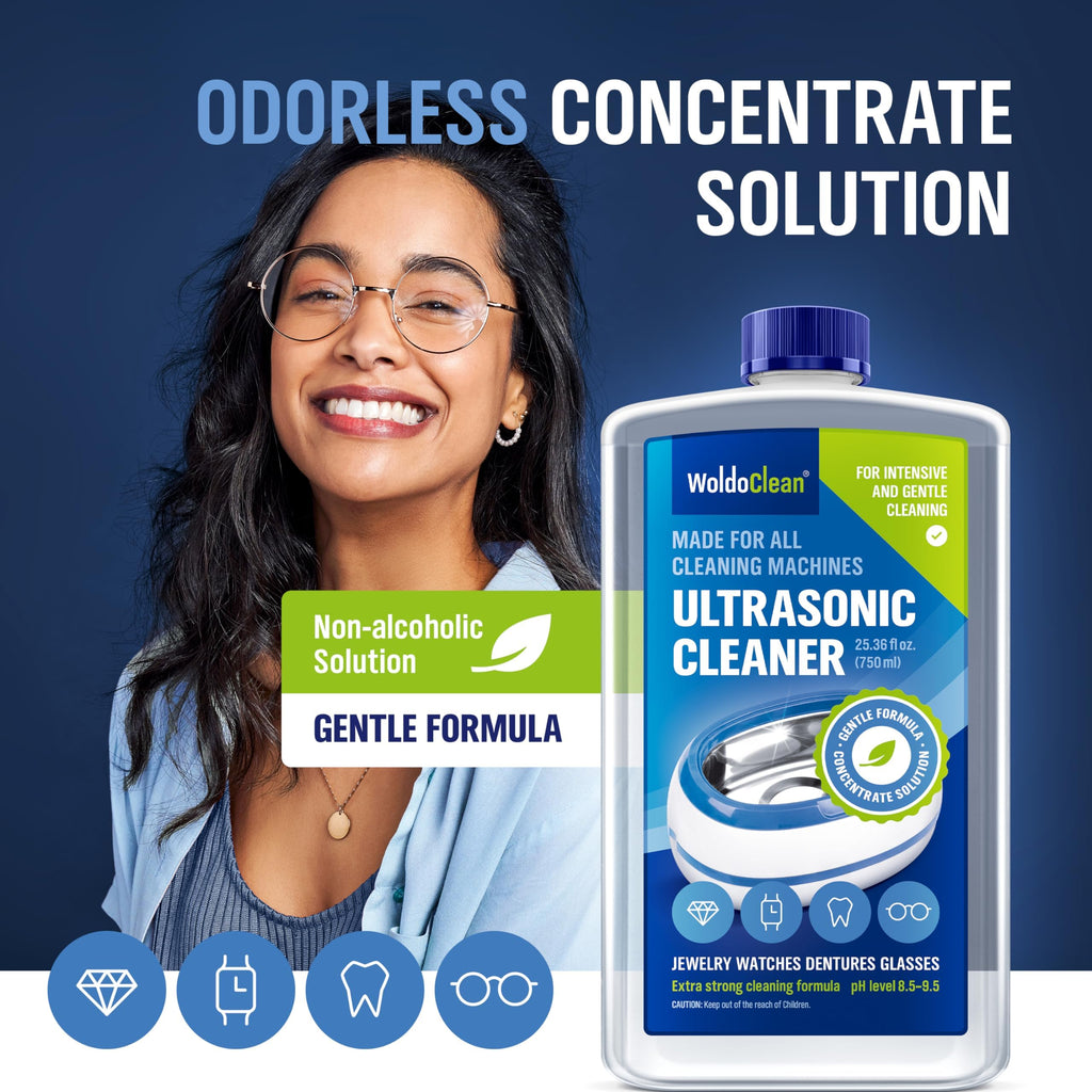 WoldoClean Ultrasonic Cleaner Solution Concentrate - 25.4 Fl Oz Makes 8 Gallons for Eyeglass, Sunglasses, Retainer, Denture, Aligner, Razor and Gun Parts