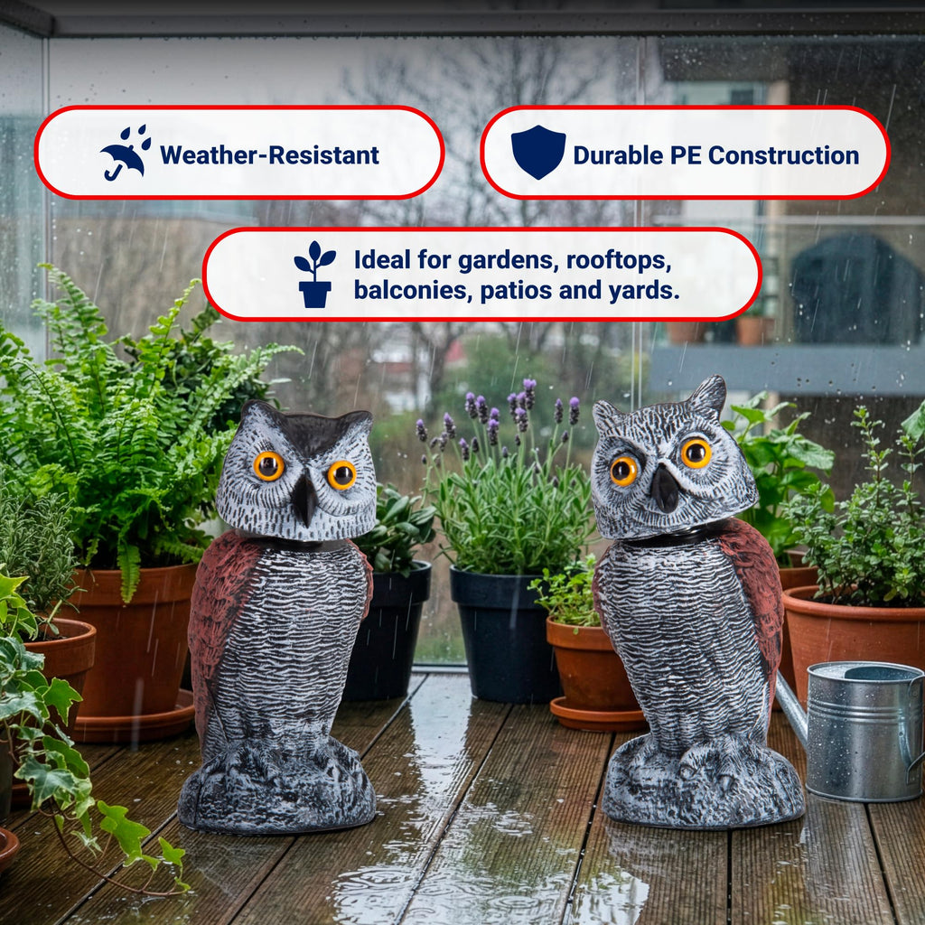 Arrigo Fake Owl Decoys to Scare Birds Away – 2pc Wind-Driven Rotating Head – Plastic Owl Statue Scarecrows – Realistic Deterrent for Critters & Squirrels - Garden, Patio, Boats, and Yard Decor