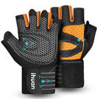 ihuan Ventilated Weight Lifting Gym Workout Gloves with Wrist Wrap Support for Men & Women, Full Palm Protection, for Weightlifting, Training, Fitness, Hanging, Pull ups (Orange, M)
