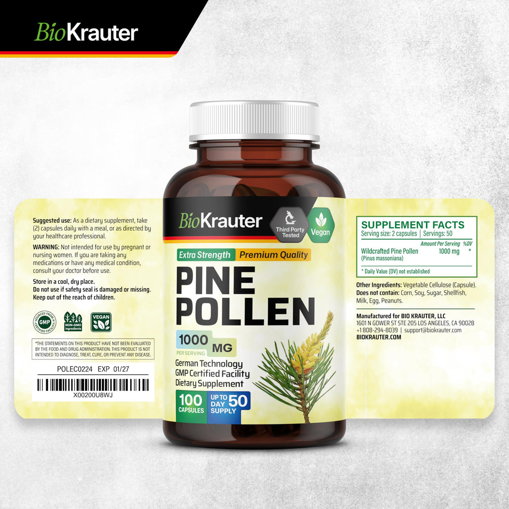 BIO KRAUTER Pine Pollen Extract Capsules for Men's Support, 1000 mg