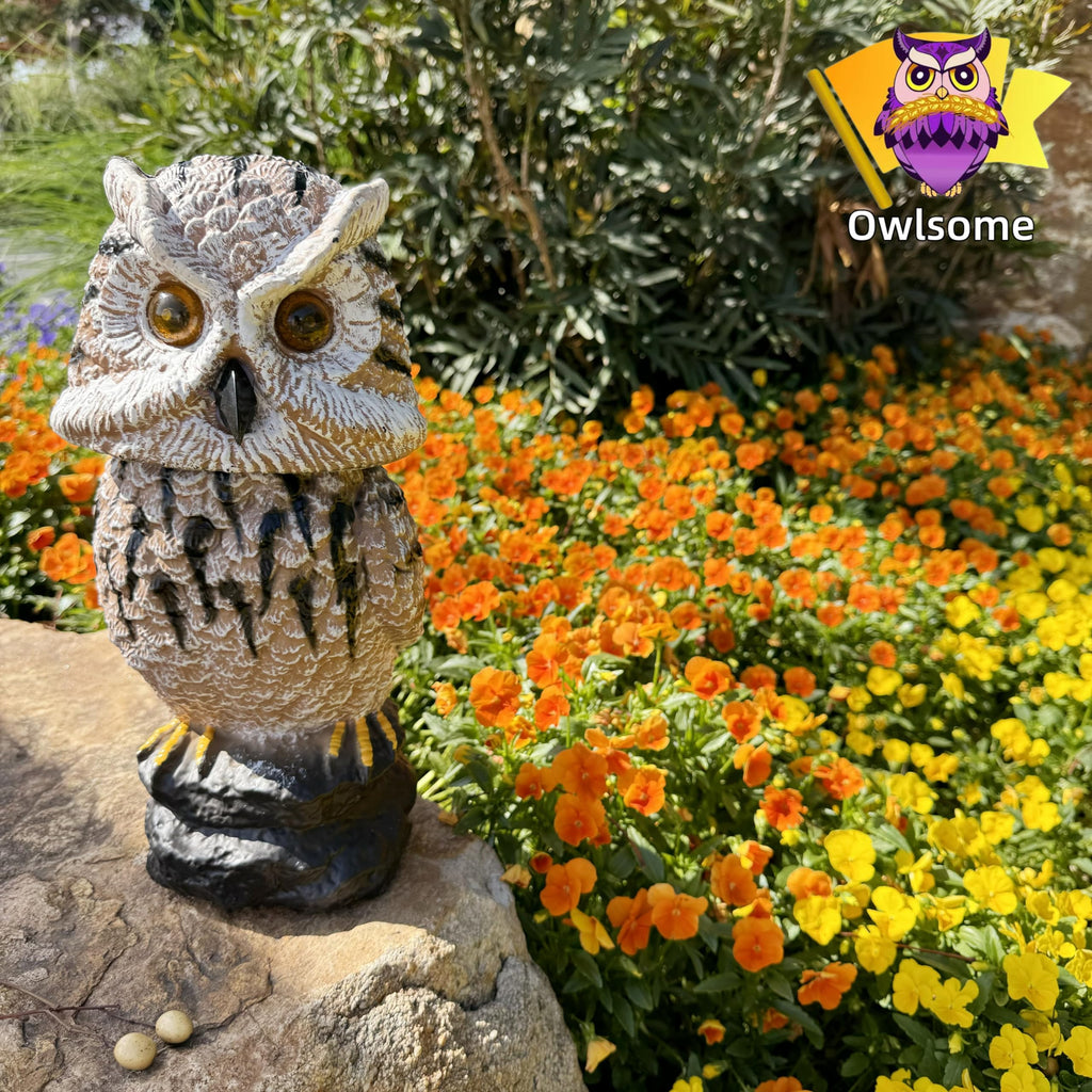 Owlsome Solar Tiger Owl with Flashing Eyes, Rotating Head, Hoot Sound, Motion Detector and Silent Mode, Plastic Owl Garden Sculpture, Garden Decoration