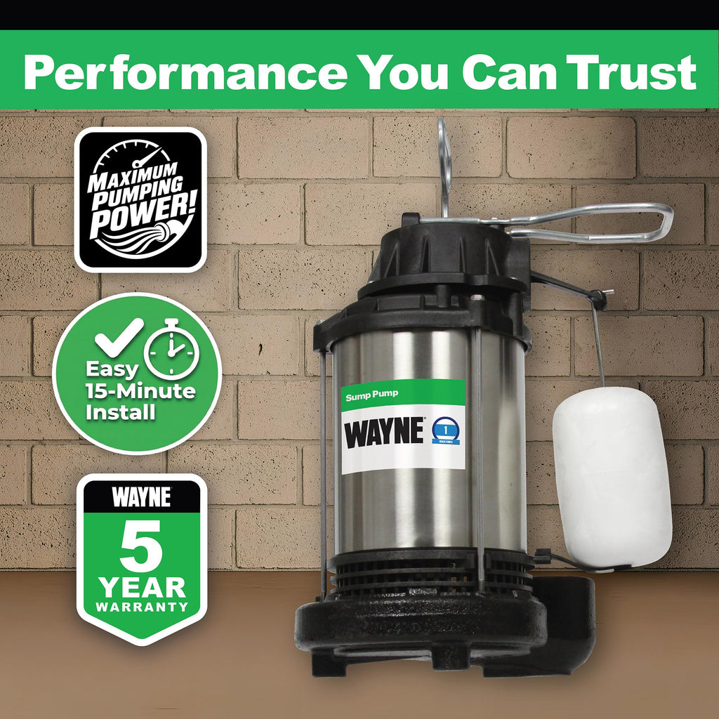 WAYNE CDU1000 1 HP Submersible Sump Pump – Cast Iron & Stainless Steel, Integrated Vertical Float Switch, 6,100 GPH, 5-Year Warranty, Assembled in USA