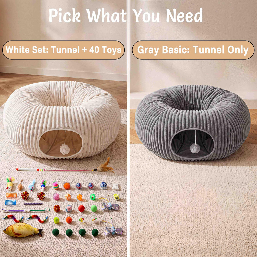 MOYMO Cat Tunnel Bed with 40 Pcs Interactive Cat Toys, White