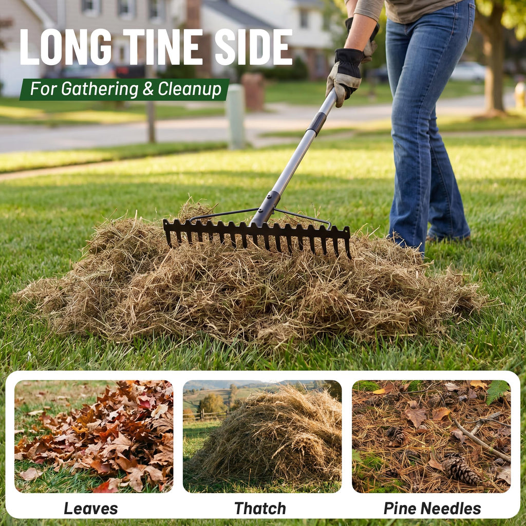 Walensee Heavy Duty Dual-Sided Bow Rake, 63" Stainless Steel Handle, Heat-Treated Manganese Steel Head, 17 Steel Tines Metal Garden Rake for Soil Loosening, Yard Leveling, Lawn Care and Thatch Removal