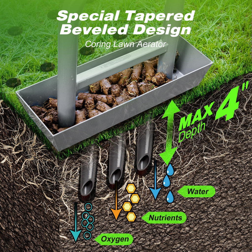 Walensee Lawn Aerator Coring Tool with Soil Core Storage Tray, 38.2" Manual Yard Plug Aerator with 3 Tines, Grass Aeration Gardening Tool with Cleaning Tool for Lawn Care and Compacted Soil