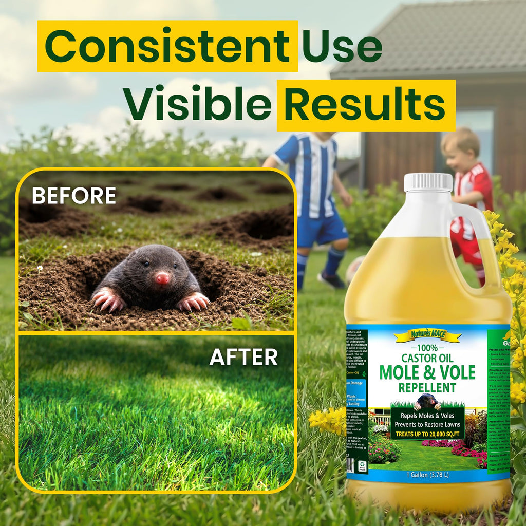 Nature's MACE Mole and Vole Mace, Mole Deterrent for Yard, 1 Gallon, 100% Pure Castor Oil, Lawns, Mole Repellent, Stop Tunneling, Mole Remover Treatment, Castor Oil Repellent, People, Pet, Plant Safe