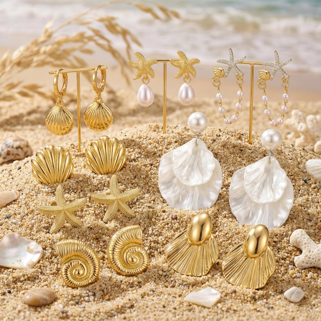 Nosiny 8 Pairs Beach Earrings for Women Gold Starfish Seashell Pearl Drop Shell Conch Earrings Summer Ocean Beachy Jewelry