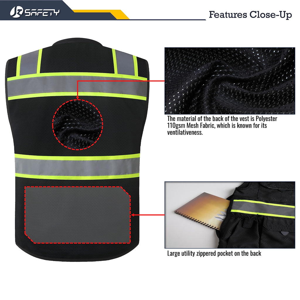 JKSafety Hi-Vis Black Surveyor Safety Vest for Men Women High Visibility Reflective Construction Vest Mesh Cushioned Collar Heavy Duty PPE Inner Pockets ANSI/ISEA Compliant(188-Black L)