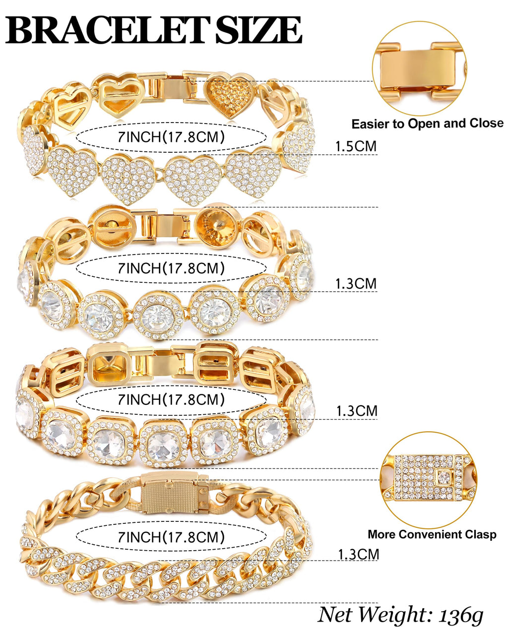 shopbyskyler 4PCS Gold Bracelets for Women Silver Clustered Tennis Bracelet for Women Heart Round Diamond Cuban Bracelet Layered Link Bracelet Set Fashion Jewelry for Women Set (Gold, 7inch)