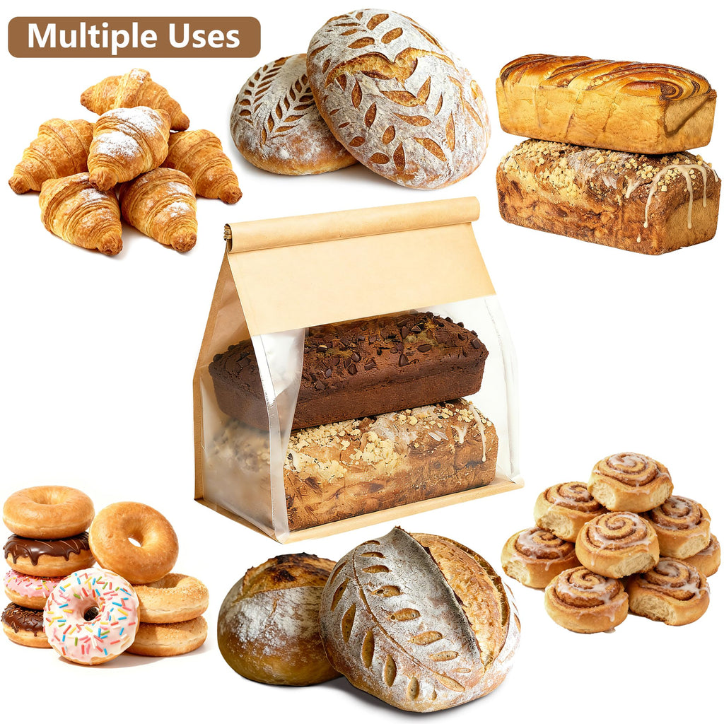 100 Pack Extra Large Paper Bread Bags for Homemade Bread Sourdough Bags, 12.2x10.6x6.1 Inches Resealable Tin Tie Tab Lock Bakery Loaf Bag with Window, Baked Goods Packaging for Gifting and Bake Sale