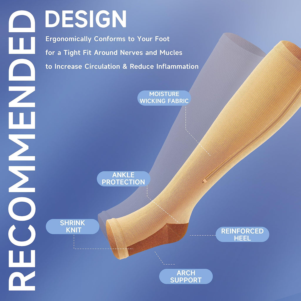 bropite Zipper Compression Socks Women & Men - 2Pairs Calf Knee High 15-20mmHg Open Toe Compression Stocking suit for Walking