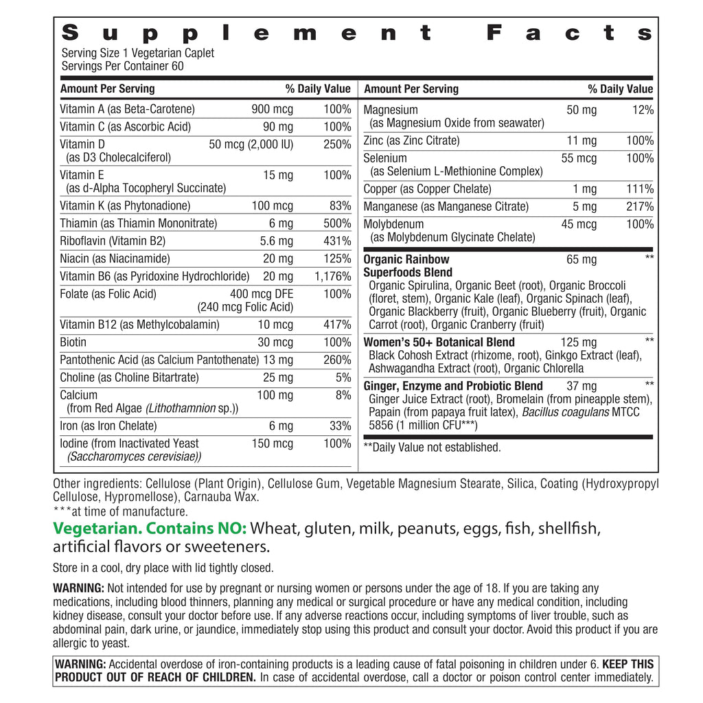 Rainbow Light Womens One + Multivitamin 50 Plus | 60 Caplets | Supports Menopause | Real Food Nutrients, Digestive Enzymes & Probiotics