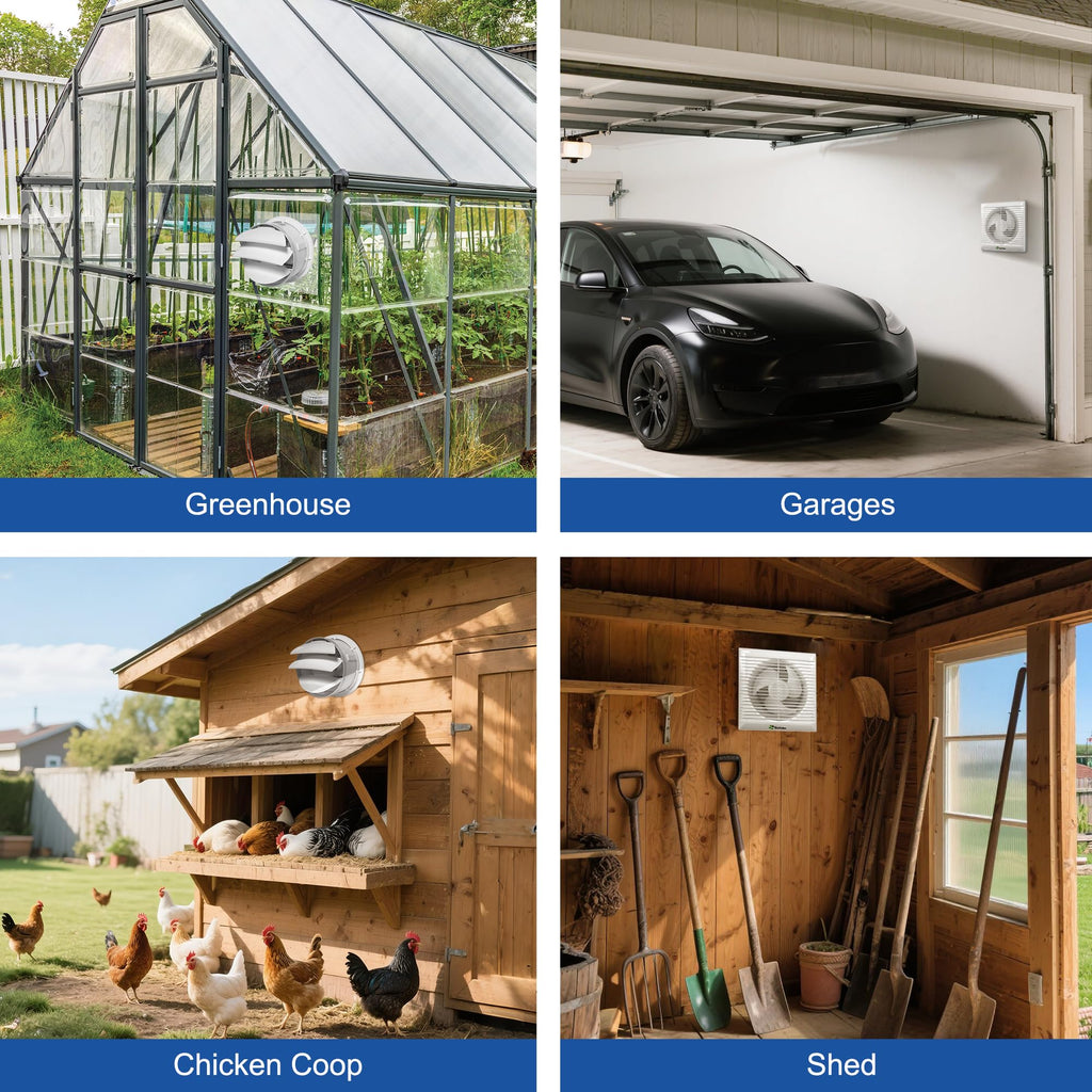 ecoCalm Solar Powered Fan 6" with Thermostatic and Battery for Chicken Coop