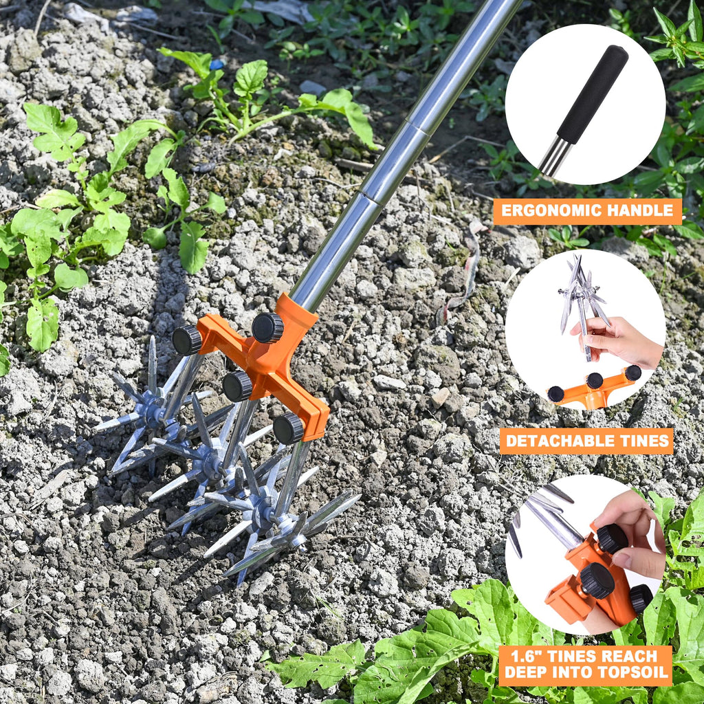 BARAYSTUS Rotary Cultivator Garden Rotary Tiller Adjustable Stainless Steel Poles Hand Tiller for Soil Mixing or Reseeding Grass Lawn Tiller Total Length 57 Inch