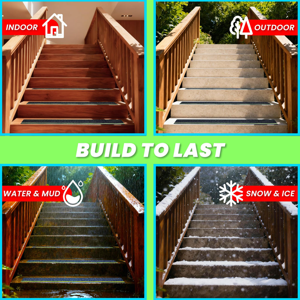 LifeGrip Outdoor Stair Treads Non-Slip 12 Pack, 6"x32" Glow in Dark Stripe Waterproof Grip Tape for Wooden Steps, Deck, Porch - 80-Grit Adhesive Strips for Dogs, Kids & Elderly Safety
