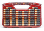 Ontel Battery Daddy Storage & Organizer Case w/Tester, Stores & Protects Up to 180 Batteries, Double-Sided, Clear Locking Lid, Secure Latches & Portable Carrying Handle - Red (Batteries Not Included)