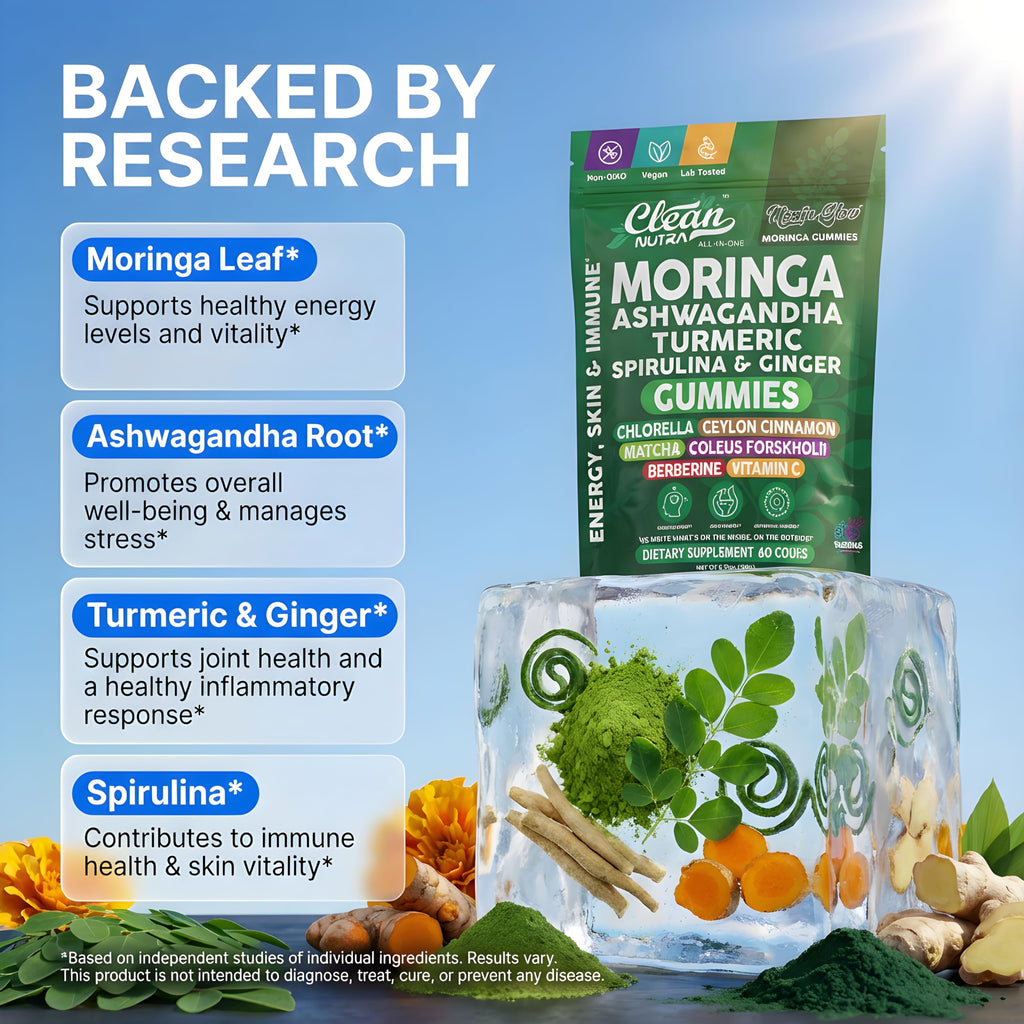 Clean Nutra Moringa Gummies | Pure Moringa Powder Supplement + Ashwagandha Turmeric Spirulina & Ginger Energy, Skin, Immune & Gut Health Green Superfood - Moringa Capsules Alternative