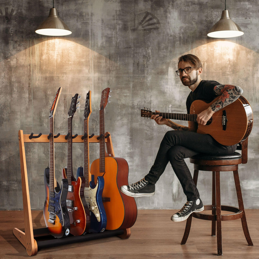 Nefelibata Multi-Purpose Guitar Stand 5 Stands Wooden Guitar Stand Floor Stand for Guitars and Cases, Electric Guitars, Acoustic Guitars, Bass Guitars, Cellos - German Ash