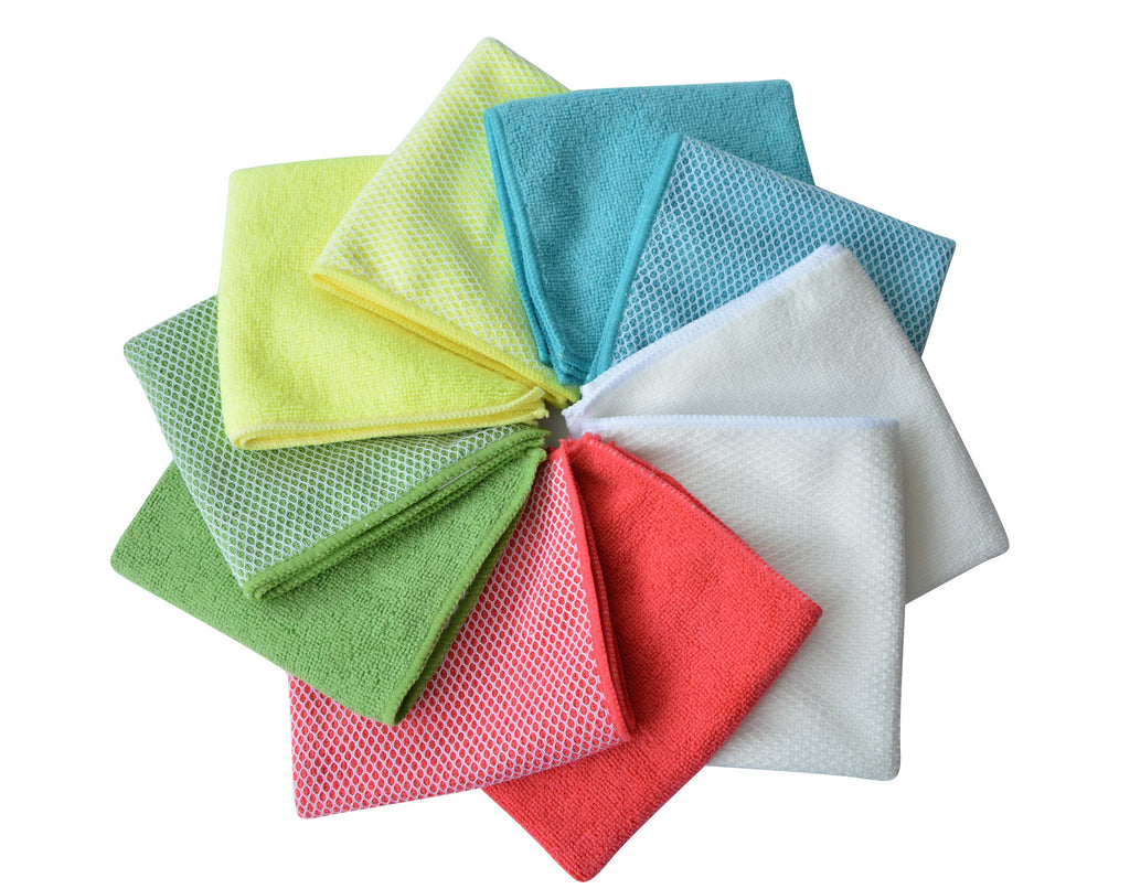 SINLAND 5 Color Assorted Microfiber Dish Cloth Best Kitchen Cloths Cleaning Cloths with Poly Scour Side 12Inchx12Inch 20 Pack (Pinkx4+bluex4+whitex4+yellowx4+greenx4)