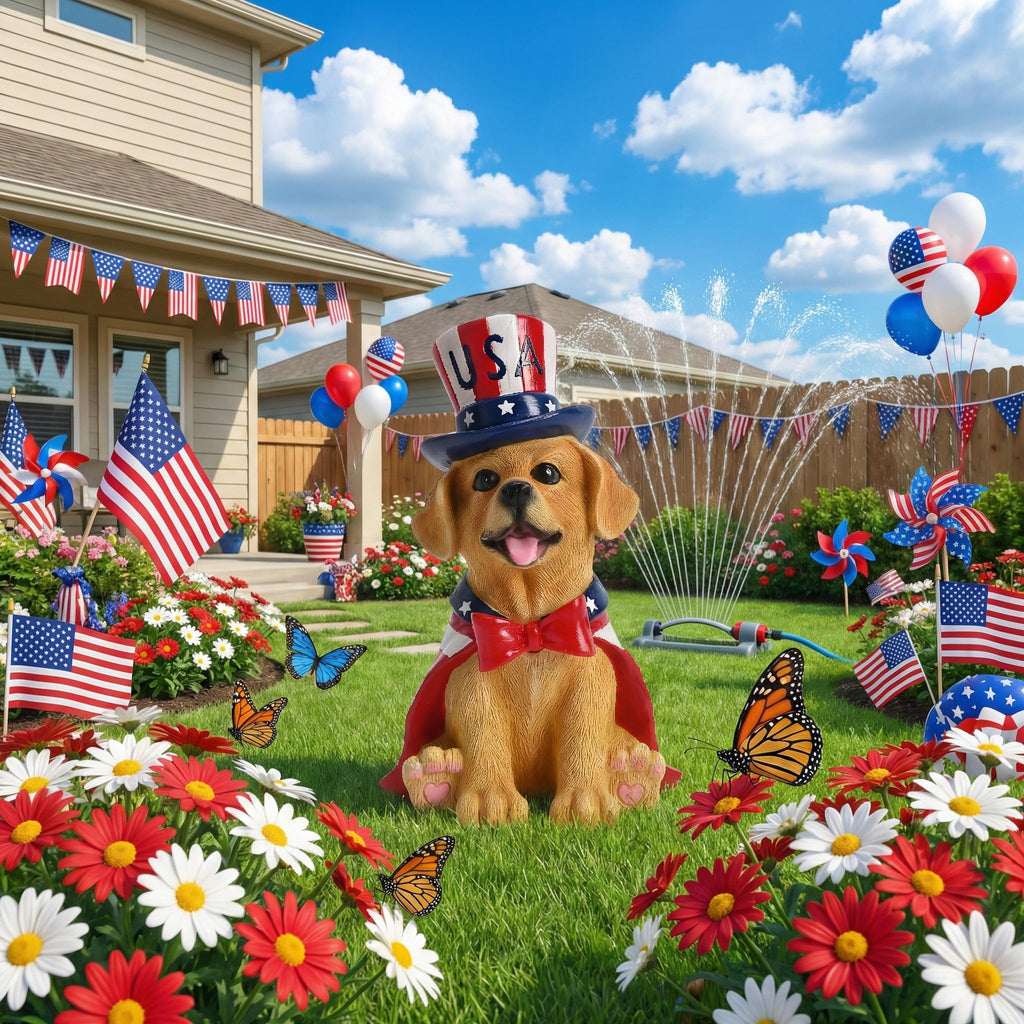 TERESA'S COLLECTIONS 4th of July Puppy Decorations with Solar Light, Memorial Day Resin Garden Dog Figurine for Home, Patriotic Independence Day USA 250th Anniversary Outdoor Yard Porch Gift Decor 8"