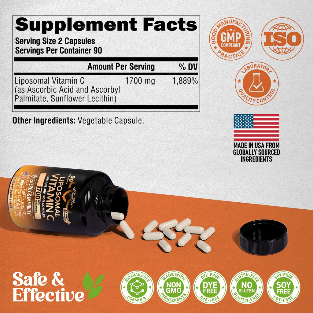 Liposomal Vitamin C 1700 mg - High Absorption Fat Soluble Complex - Antioxidant, Energy Boost & Immune Support - Vitamin C Supplement Made in USA - NON-GMO, SOY-Free & Gentle on Stomach - 180 Capsules