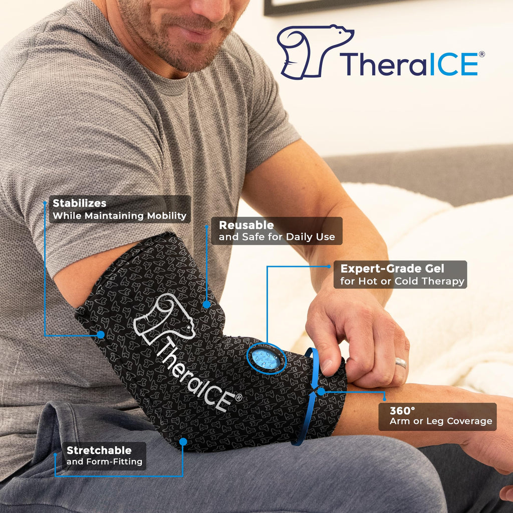 TheraICE Elbow Ice Pack Compression Sleeve for Injuries | Reusable Arm Gel Cold Pack Wrap | Tennis Elbow & Golfers | Calf Tendinitis Pain Relief | Shin Splints | FocusZone Extra Cooling | Women & Men