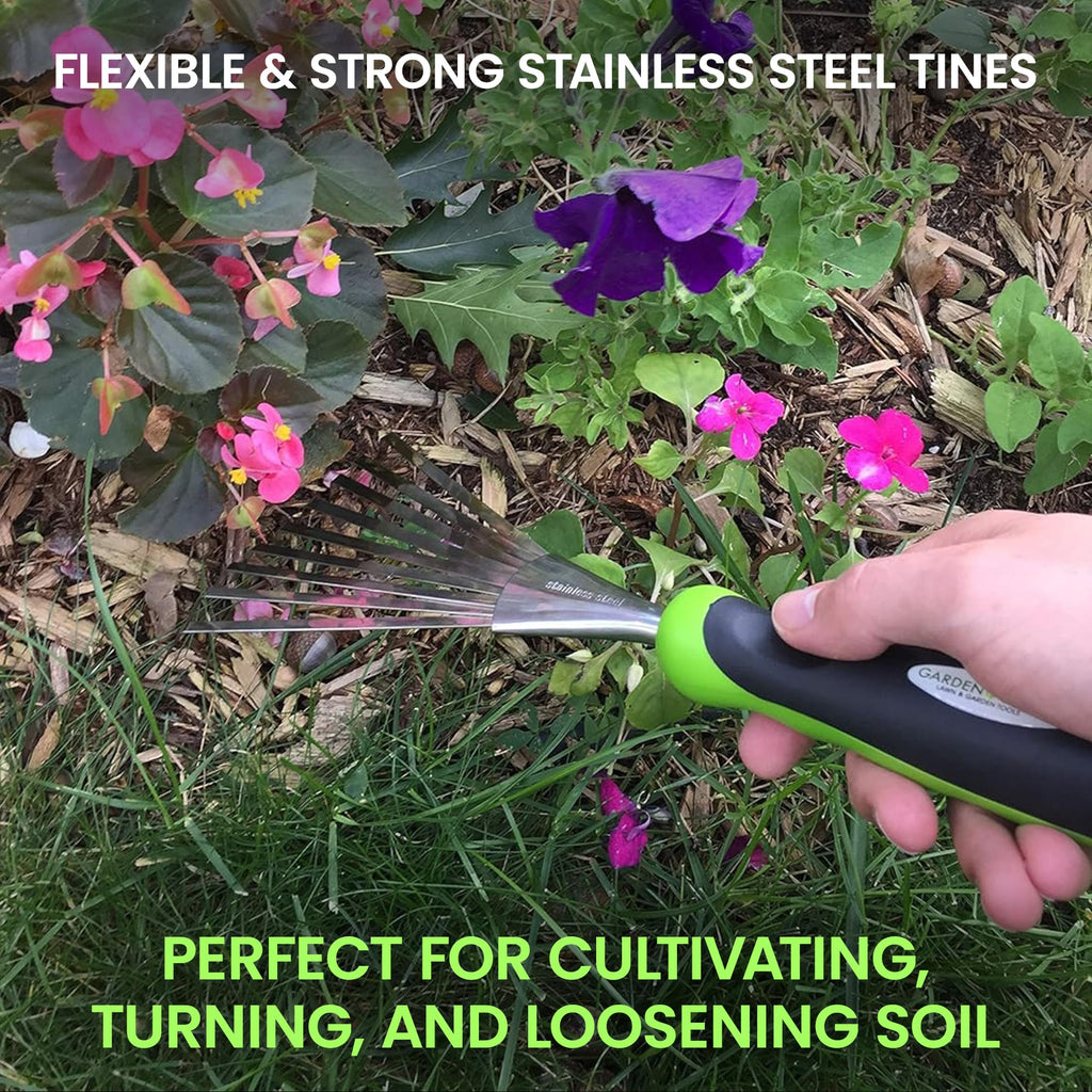 Garden Guru Stainless Steel Hand Rake Soil Tiller with Ergonomic Handle, Great for Gardening, Cultivating, Loosening Soil & Spreading Mulch, Raking Flower Beds