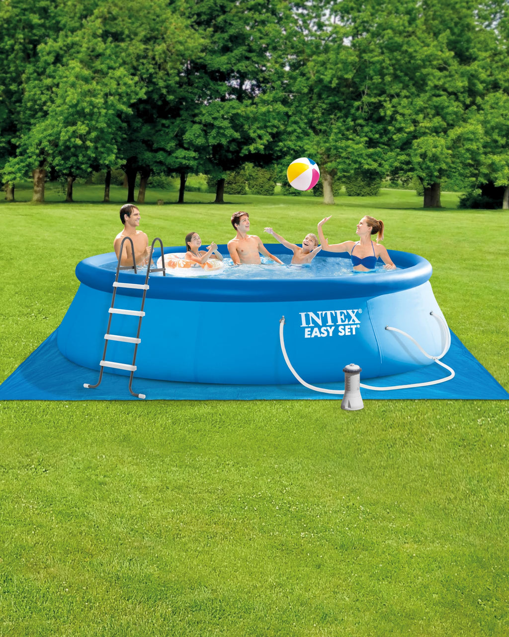 Intex Easy Set 15 ft x 48in Above Ground Pool Set, Round Inflatable Swimming Pool with 1000 GPH Cartridge Filter Pump, Ladder, Cover, & Ground Cloth