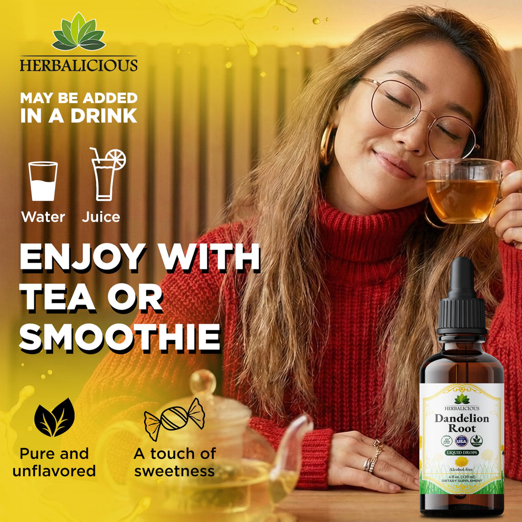 HERBALICIOUS Dandelion Root Extract Liquid Drops 4 oz (Alcohol Free) – Organic Dandelion Root Extract 650mg per Serving, Easy-to-Use Liquid Tincture with Vegetable Glycerin, 168 Servings