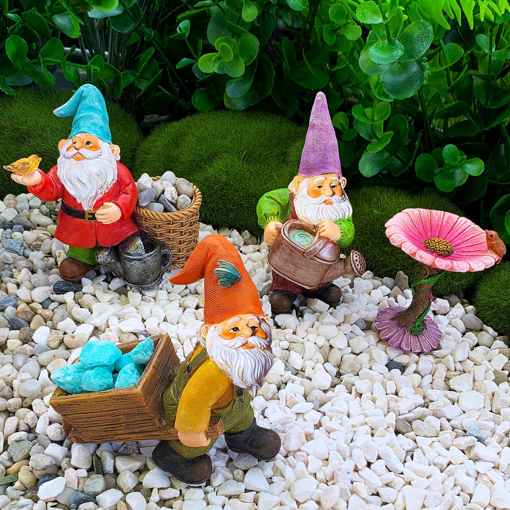 Mood Lab Garden Gnome Figurines Set (4 pcs) - 3.5" H Miniature Decorative Statues & Accessories - Outdoor & Indoor Garden Decor