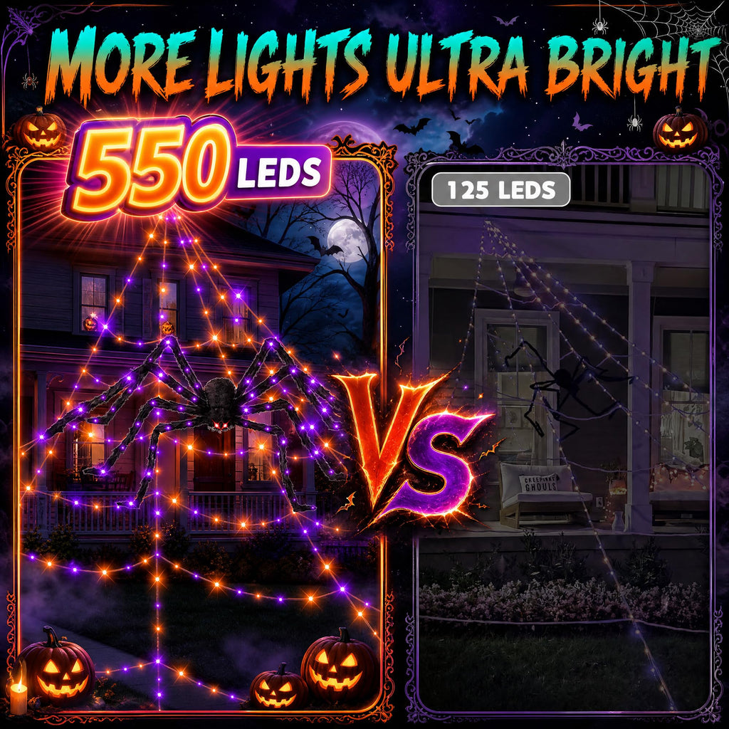 Halloween Decorations 16 Ft Spider Web Lights, Super-Realistic Giant Cobweb Indoor/Outdoor Purple Lights, Battery & 8 Modes Remote Control