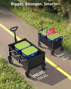 MEUIS Collapsible Wagon Cart with Wheels - 250LBS Heavy Duty Folding Wagon for Groceries Shopping Outdoor Apartment Portable Foldable Utility Grocery Trolley, Black, L