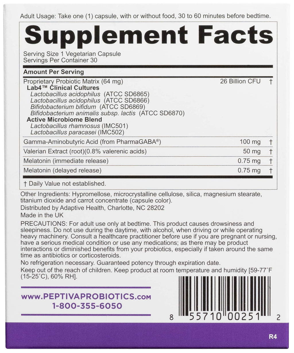 Peptiva 26 Billion CFU Probiotic and Sleep Support - Clinically Validated Multi-Strain Probiotic - Lactobacillus and Bifidobacterium, Melatonin - 30 Count