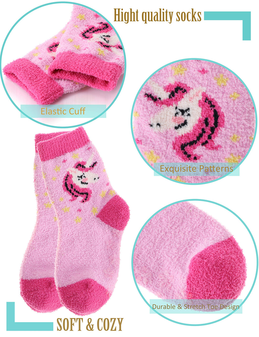 EBMORE Girls Kids Toddler Fluffy Socks Grips Non Slip Slipper Socks Warm Winter Cosy Hospital Gifts Socks Stocking Fillers 6 Pairs(Unicorn,4-7 Y)