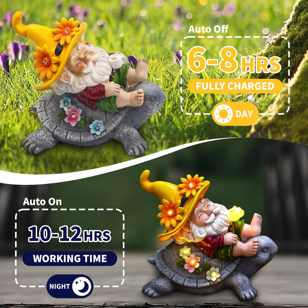 TUEVAK Garden Gnomes Outdoor Decor - Funny Sunflower Gnome Sitting on Turtle with Solar Lights, Gnomes Decoration for Lawn Yard Patio, Garden Gifts for Women, Mothers Day, Housewarming