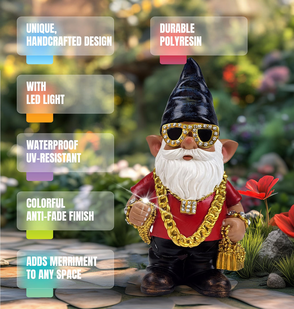 Better Office Products Garden Gnome Statue, 12" Height, Handcrafted Waterproof, UV-Resistant Polyresin Lawn Patio Porch Ornament Decoration (Bling Rapper with Solar Light)