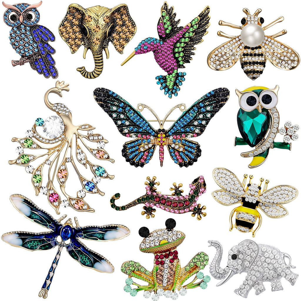 Junkin 12 Pcs Women Brooches Bulk Vintage Rhinestone Pin Set,Animal