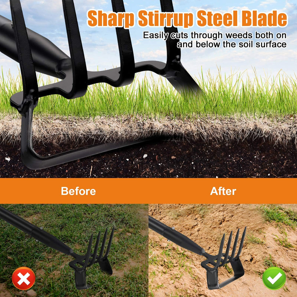 Garden Hoe with Cultivator Rake, 2-in-1 Heavy Duty Action Stirrup Hoe with Sharp Blade,60" Adjustable Long Handle Loop Scuffle Hoe for Fast Weeding, Loosening Soil, Aerating and Mixing Compost