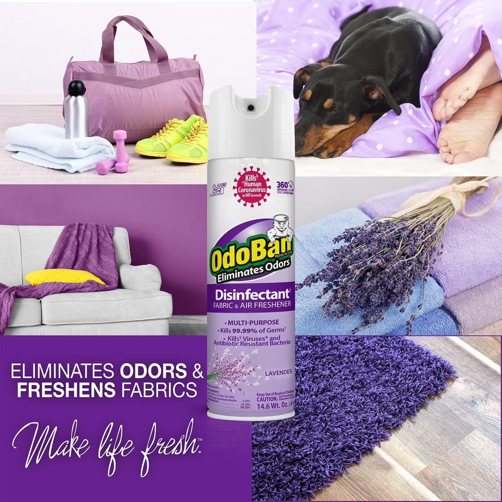 OdoBan Ready-to-Use Disinfectant and Harsh Aroma Eliminator, Cleaner and Fabric/Air Freshener, Set of 2, 14.6 Ounce 360-Degree Continuous Spray and 32 Ounce Trigger Spray, Lavender Scent