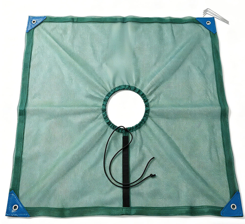 16.5×16.5FT HDPE Square Olive Harvest Net with Center Drawstring Opening,Heavy Duty Reusable Collection Net with Hoop and Loop Side & 4 Ground Stakes for Yard and Orchard