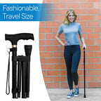 RMS Folding Cane - Foldable, Adjustable, Lightweight Aluminum Offset Walking Cane - Collapsible Walking Stick with Ergonomic Derby Handle - Ideal Daily Living Aid for Limited Mobility (Black)
