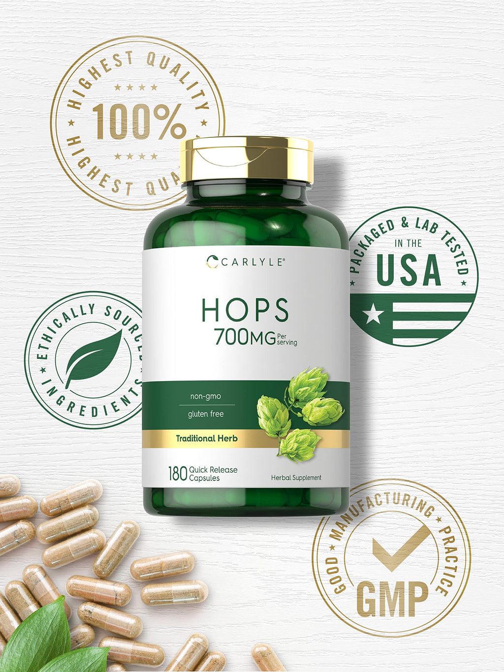 Carlyle Hops Supplement 700mg | 180 Capsules | Non-GMO & Gluten Free | Traditional Herb
