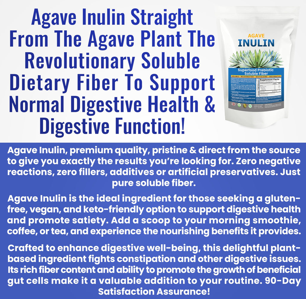 Organic Inulin Powder (48oz/3 lbs) Gentle Agave Prebiotic Soluble Fiber Supplement for Digestive Support, Gut Health, Vegan Baking, Smoothies & Drinks