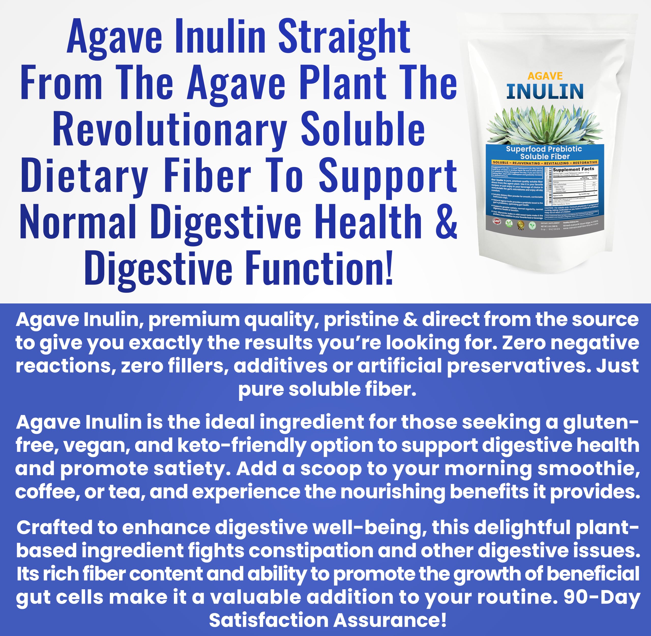 Organic Inulin Powder (48oz/3 lbs) Gentle Agave Prebiotic Soluble Fiber Supplement for Digestive Support, Gut Health, Vegan Baking, Smoothies & Drinks